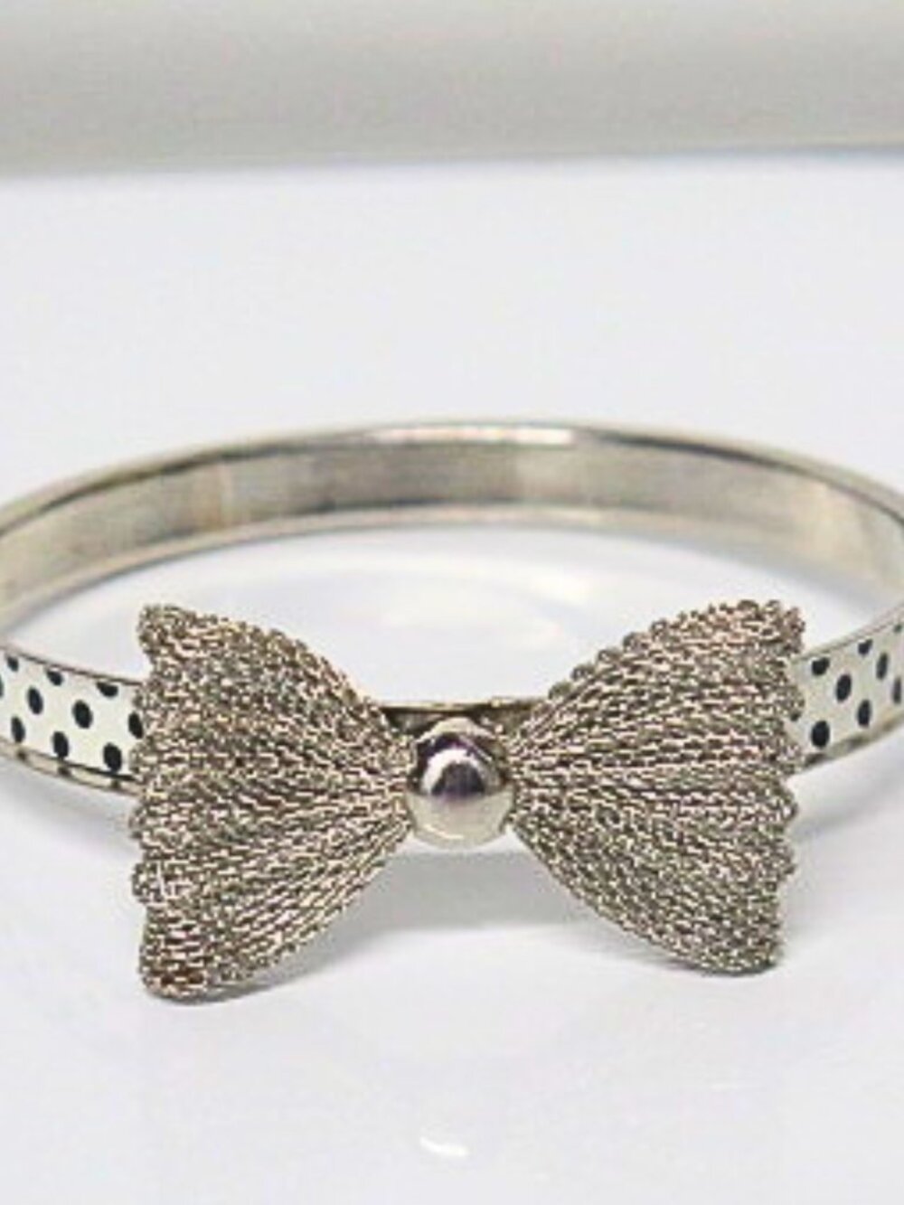 Vintage Silver Tone Bow Bangle Black White Polka Dot Estate Bracelet
